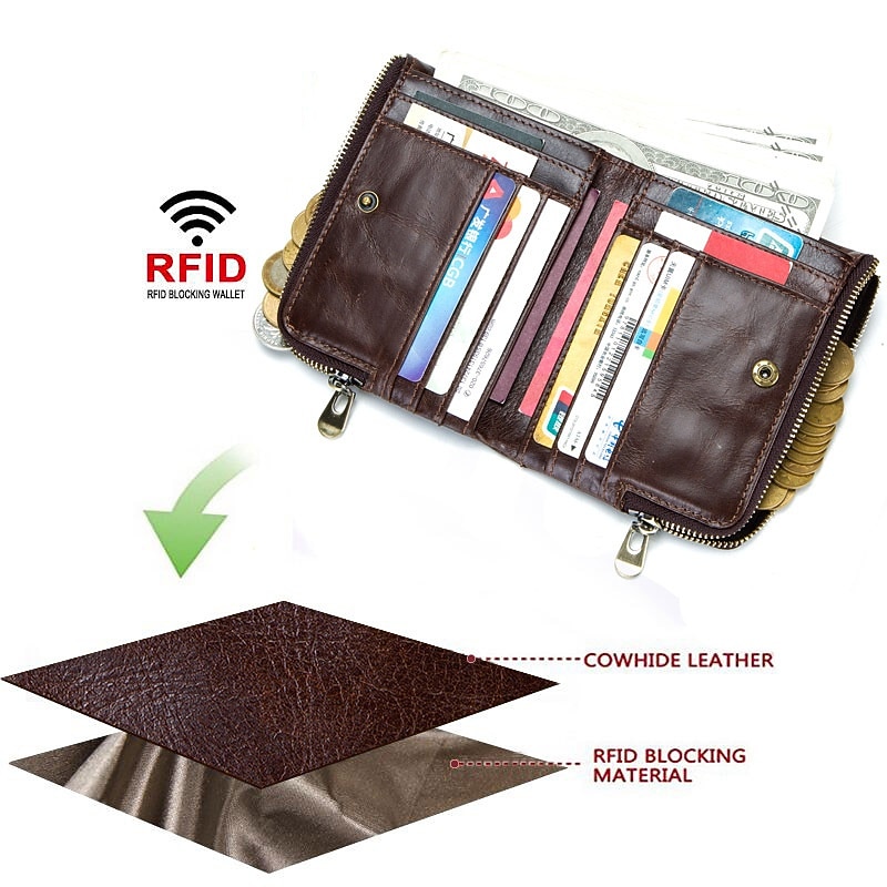 Anti-theft Brush RFID Leather Men's Wallet Multi-function Double zipper Vertical Wallet Top layer leather fashion casual change bag 2026 - $25.99 –P16