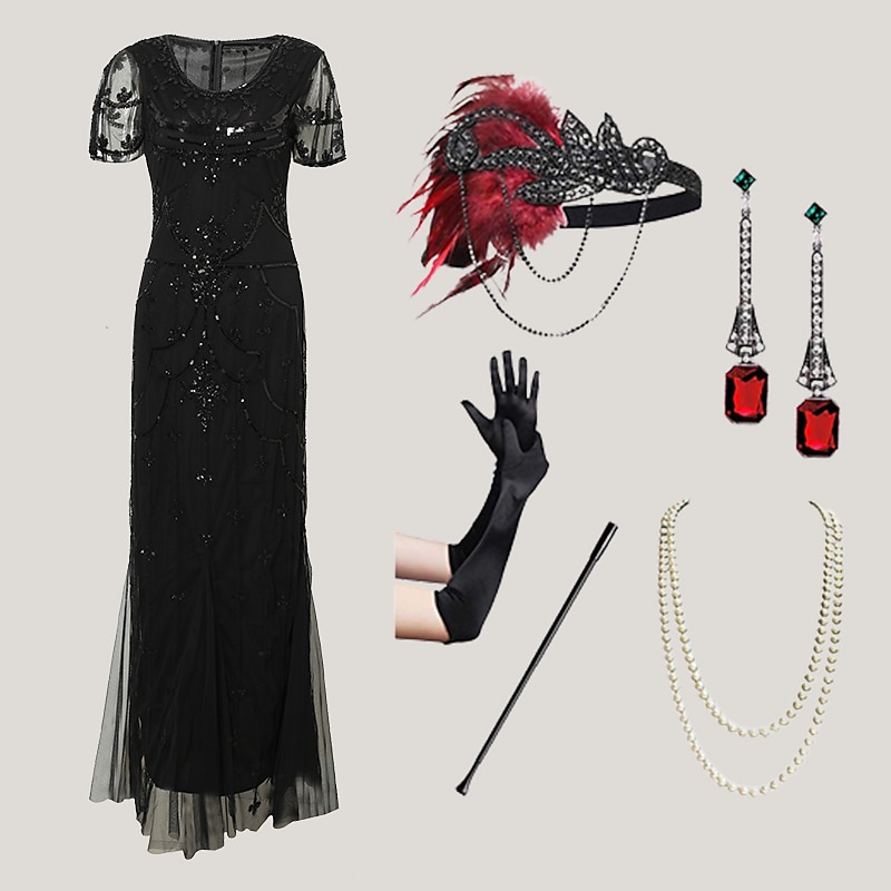 Set Anni Ruggenti Anni 1920 Lunghezza alla caviglia Vestito Abito da sera Abiti con accessori Maniche corte Il grande Gatsby Charleston Invitato al matrimonio Piuma Scollo a V Costume Per donna del 2026 a $85.99 –P4