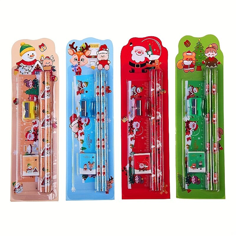 1 ensemble de combinaison de crayons de noël avec 2 crayons, 1 gomme, 1 règle, 1 taille-crayon, fournitures scolaires, cadeau de noël, outils de dessin de croquis de 2025 ? $16.99 –P10