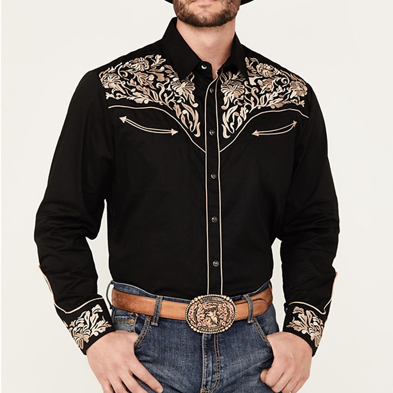 Men's Shirt Western Shirt Cowboy Shirt Long Sleeve Western Style Outdoor Street Casual Daily Fall & Winter Turndown Buttons Print Black 2025 - $26.99 –P1