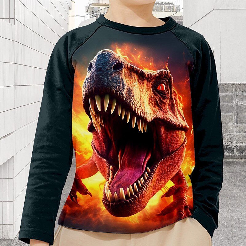 Gutt 3D Dinosaur Raglan-ermet skjorte Langermet 3D-utskrift Høst Vinter Sport Mote Gatemote Barn 3-12 år Crew-hals utendørs Avslappet Daglig Normal 2025 - $11.99 –P1
