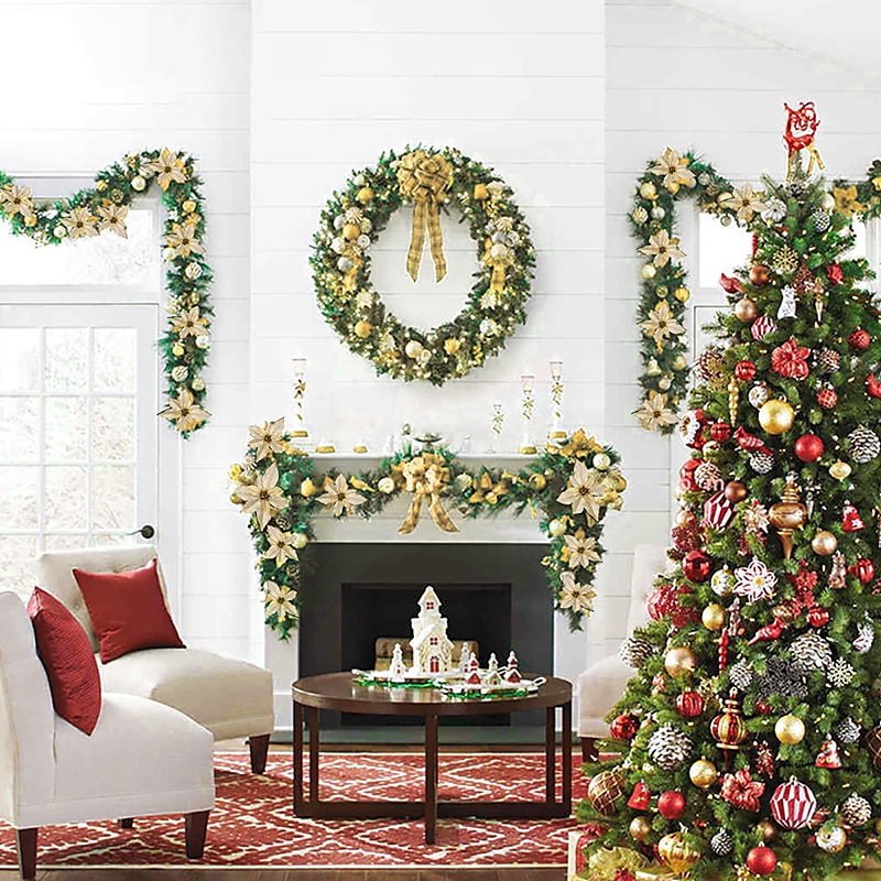 8,8 láb/2,7 m mesterséges karácsonyi füzér lépcsőház dekoráció zöld rattan virágdíszekkel otthoni lépcsők kandalló bejárati veranda ajtó bemutató beltéri kültéri karácsonyi dekoráció 2025 - $29.99 –P3