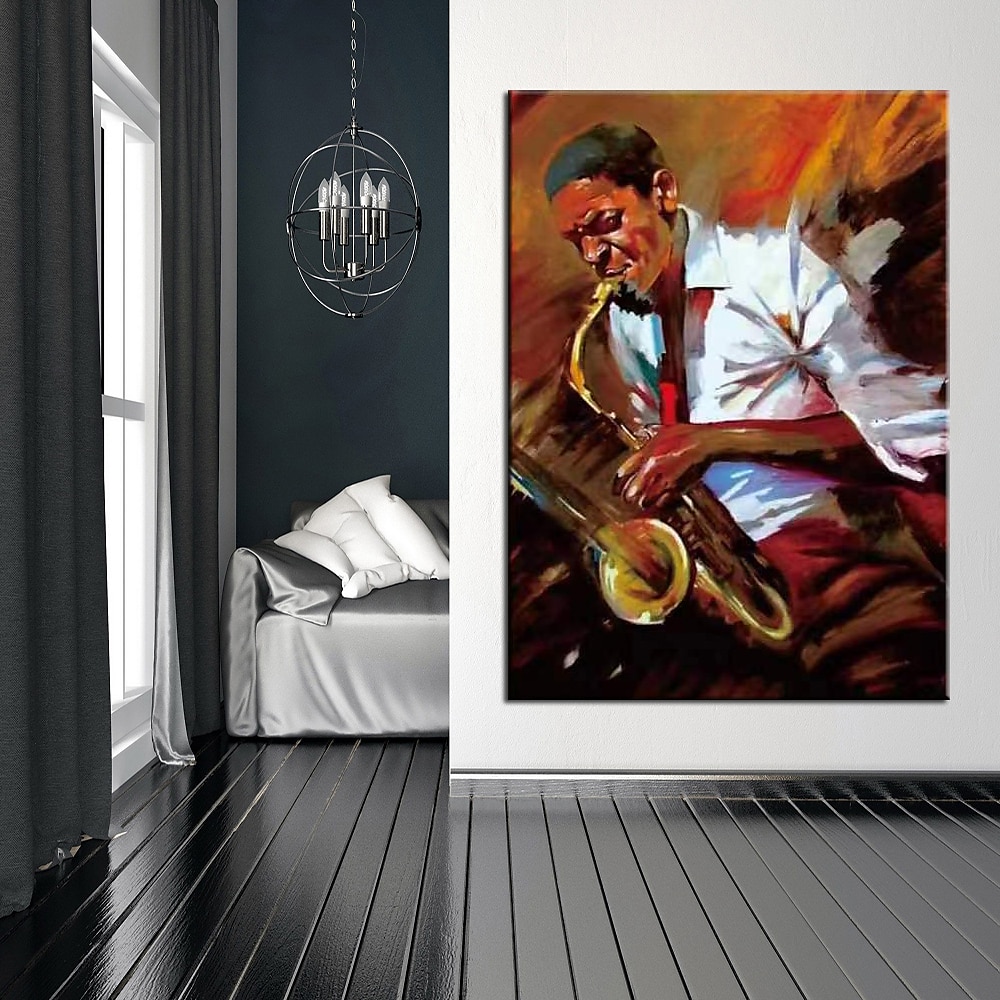 Handgefertigtes Jazz-Figurengemälde, modernes, feines Kunstwerk, die neueste Hoteldekoration, handgemaltes Musiker-Jazzspieler-Ölgemälde, Wandkunst, Studio-Dekor, Geschenk für Dekor, gerollte Leinwand 2025 - $77.99 –P2