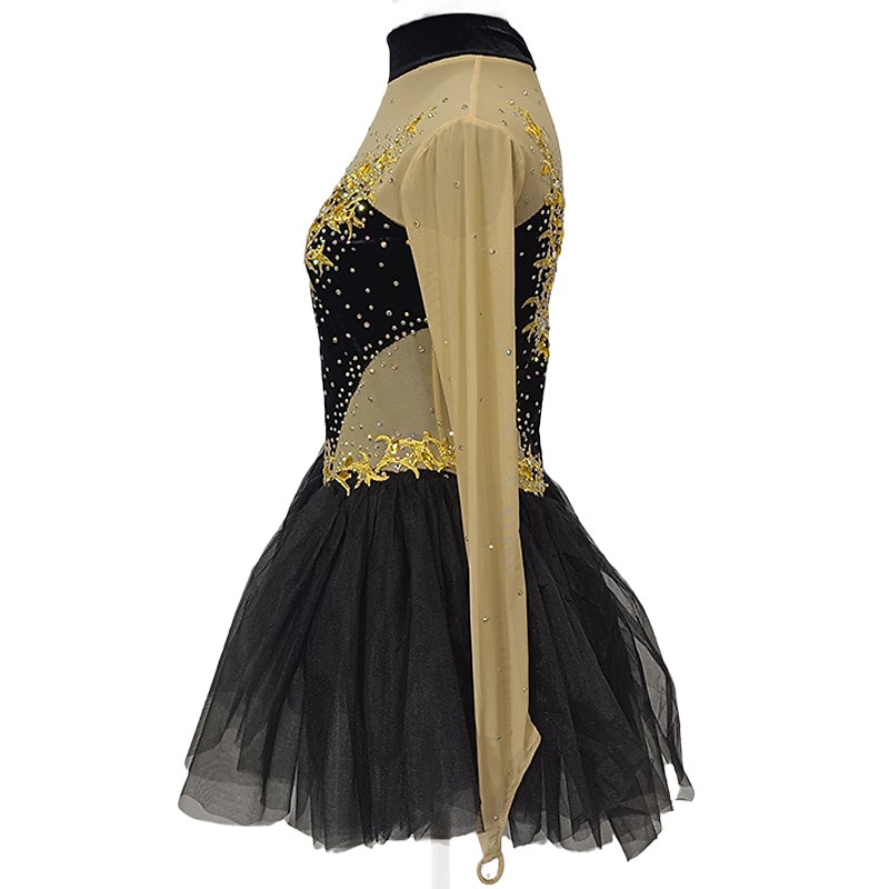 2026年 フィギュアスケート ドレス 女性用 女の子 アイススケート ドレス ブラック + 黄金 パッチワーク 指穴付き メッシュ スパンデックス 伸縮性あり 訓練 レッスン用 プロフェッショナル スケートウェア クリスタル・ラインストーン 長袖 フィギュアスケート  コレクション – $224.79 –P6