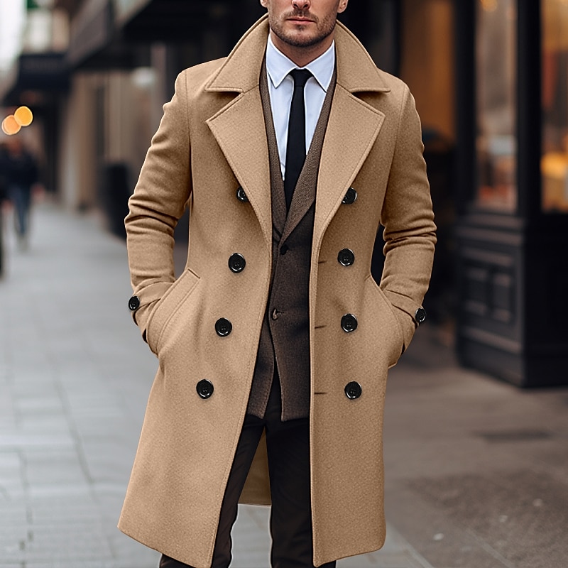 Men's Winter Coat Overcoat Peacoat Trench Coat Outdoor Daily Wear Fall & Winter Polyester Thermal Warm Windbreaker Outerwear Clothing Apparel Fashion Streetwear Plain Lapel Double Breasted 2024 - $37.99 –P1