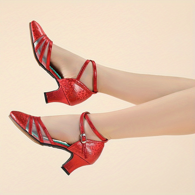 Rote Latein-Tanzschuhe für Damen – glänzende Kunstleder-Absätze mit Mesh-Einsätzen und Knöchelriemen für Standardtanz, Salsa und Auftritte 2025 - $34.99 –P5