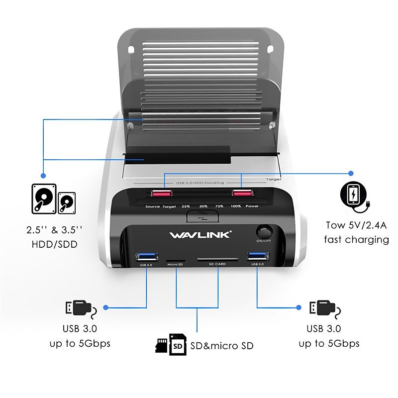 Док-станция для внешнего жесткого диска USB 3.0 и SATA с двумя отсеками для 2.5 & 3.5 sata i/ii/iii hdd/ssd с автономным клоном и концентратором быстрой зарядки, кард-ридер поддерживает uasp & до 2 х 2025 - $118.99 –P2