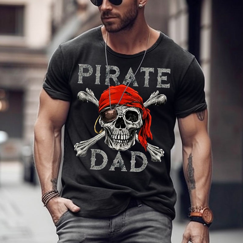 Camiseta Gráfica de Pai Pirata Masculina Design de Caveira Manga Curta Presente Engraçado para o Dia dos Pais de 2026 por $17.49 –P1