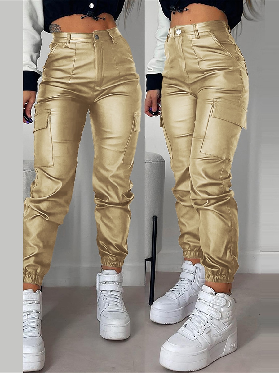 Women's Cargo Pants Maillard Slim Trousers Full Length PU Micro-elastic High Waist Fashion Streetwear Street Daily Black Red S M Fall Winter 2023 - US $44.99 –P5