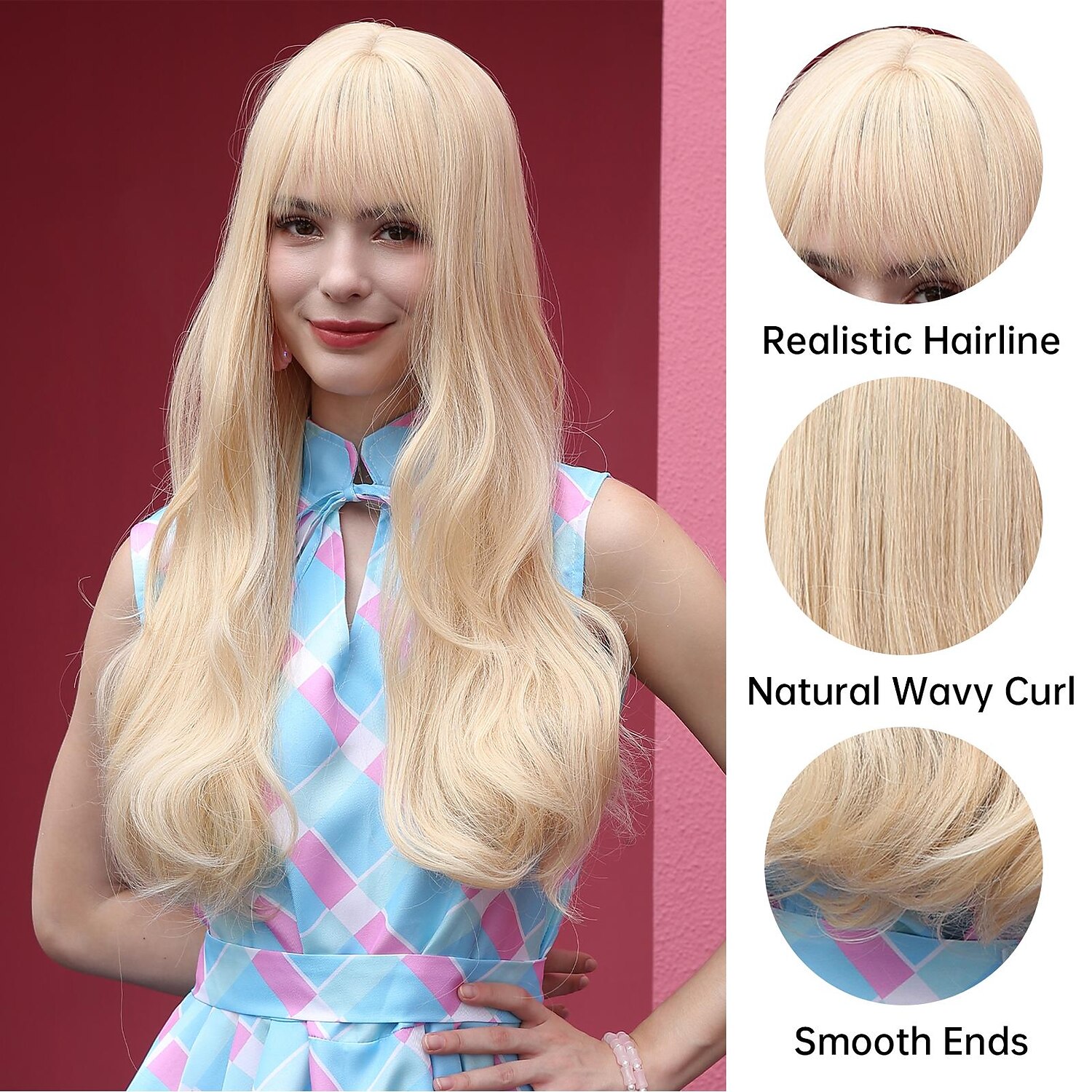 24 inch synthetische pruik damespruik blond lang golvend haar met pony mode dagelijks feest cosplay 2025 - $24.99 –P3
