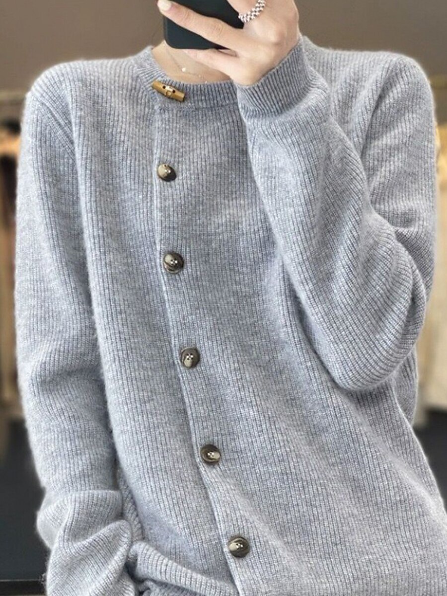 Women's Cardigan Sweater Crew Neck Ribbed Knit Polyester Patchwork Button Fall Winter Regular Daily Going out Weekend Stylish Casual Soft Long Sleeve Solid Color Black Beige Gray S M L 2023 - US $31.99 –P3