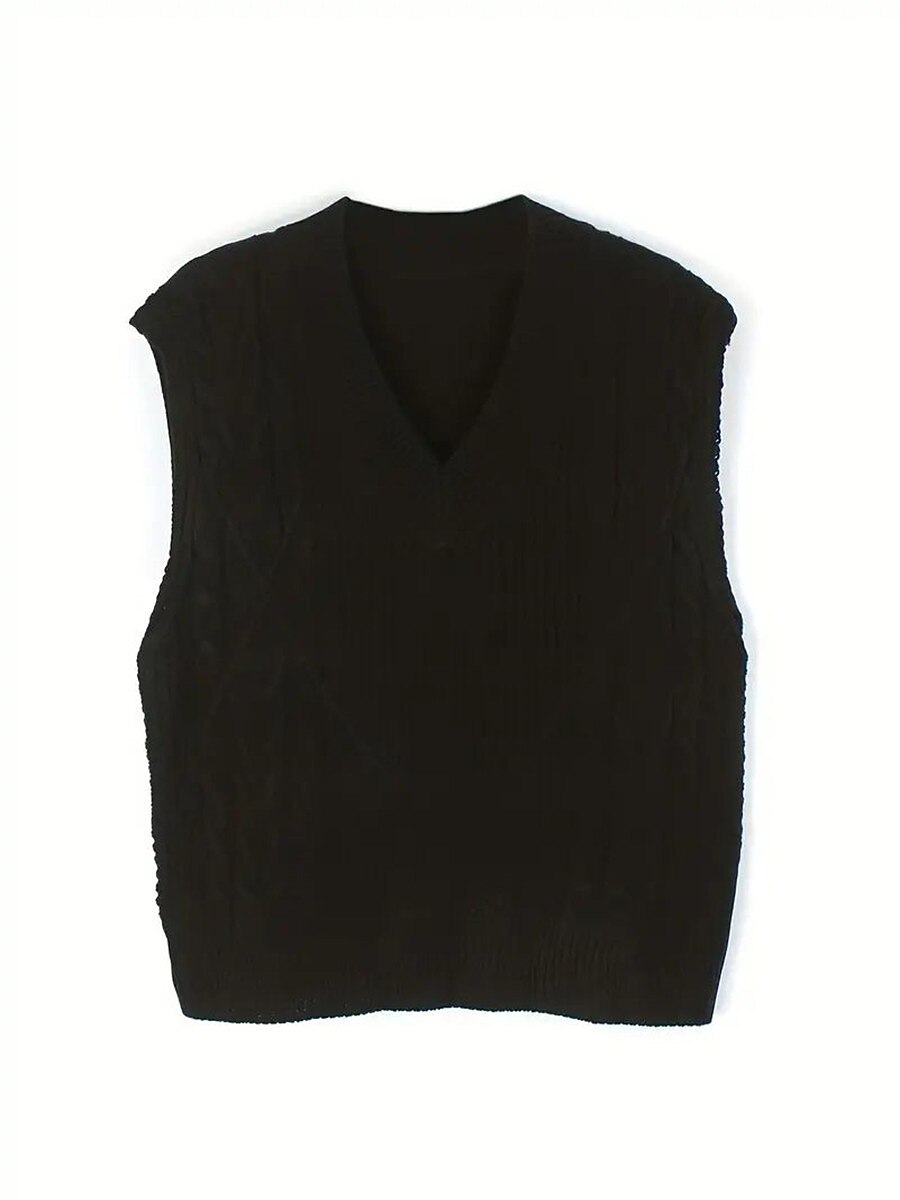 Women's Sweater Vest V Neck Cable Knit Acrylic Oversized Fall Winter Regular Daily Going out Weekend Stylish Casual Soft Sleeveless Solid Color Black Yellow Beige S M L 2023 - US $26.99 –P9