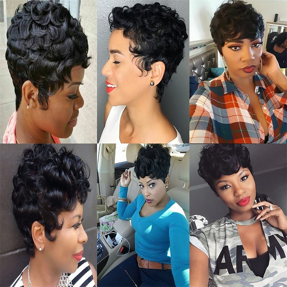 Dark Brown Short Pixie Cut Wigs for Black Women Curly Hair Replacement Short Black Layered Wavy Pixie Wigs With Bangs For Black Women 2025 - $20.99 –P16
