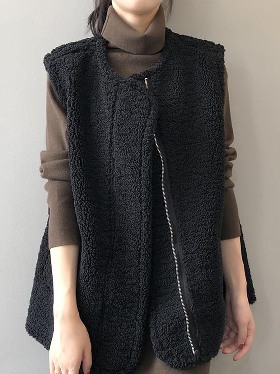 Women's Shearling Vest Fleece Teddy Vest Reversible Sherpa Jacket Winter Coat Warm Windproof Gilet Zipper Fleece Lined Sleeveless Jacket Outerwear Fall Black Coffee 2023 - US $41.99 –P8