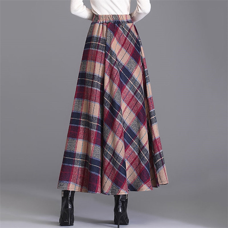 dames a-lijn geruite rok midi-rokken zak lange geruite kleurblok dagelijks datum herfst&winter twilled satijn elegant lang rood blauw groen 2025 - $32.99 –P3