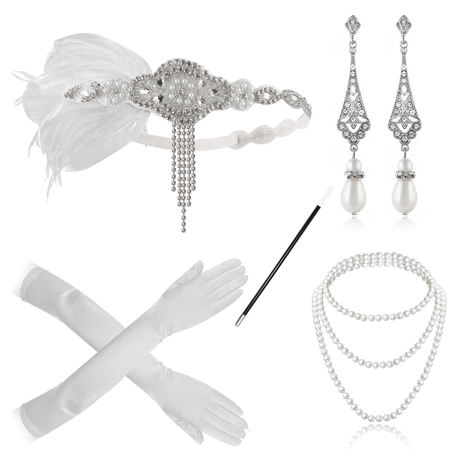 Vintage 1920s Il grande Gatsby Set di accessori per costumi Fascia per  capelli da ballerina charleston Collana Charleston Per donna Piume Cosplay  Costume Festival Guanti del 2024 a $11.99