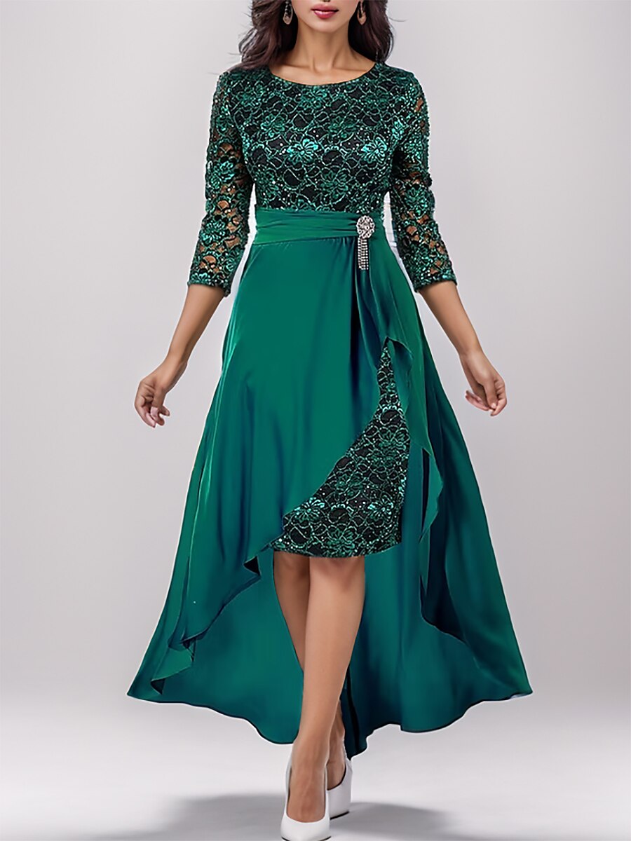 Women's 2 Pieces Lace Dress Maxi Party Dress Green Lace 3/4 Length Sleeve Lace Spring Fall Winter V Neck Wedding Guest Evening Party Vacation 2023 - AED 209 –P1