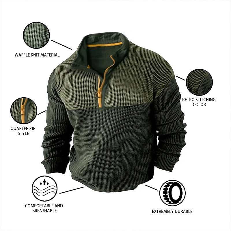 Men's Waffle Shirt T Shirt Zip Half Shirt Tee Top Long Sleeve Quarter Zip Spring &  Fall Color Block Fashion Designer Basic Patchwork Vacation Street Going out Black Brown Green Top Tee for Men 2025 - $23.99 –P1