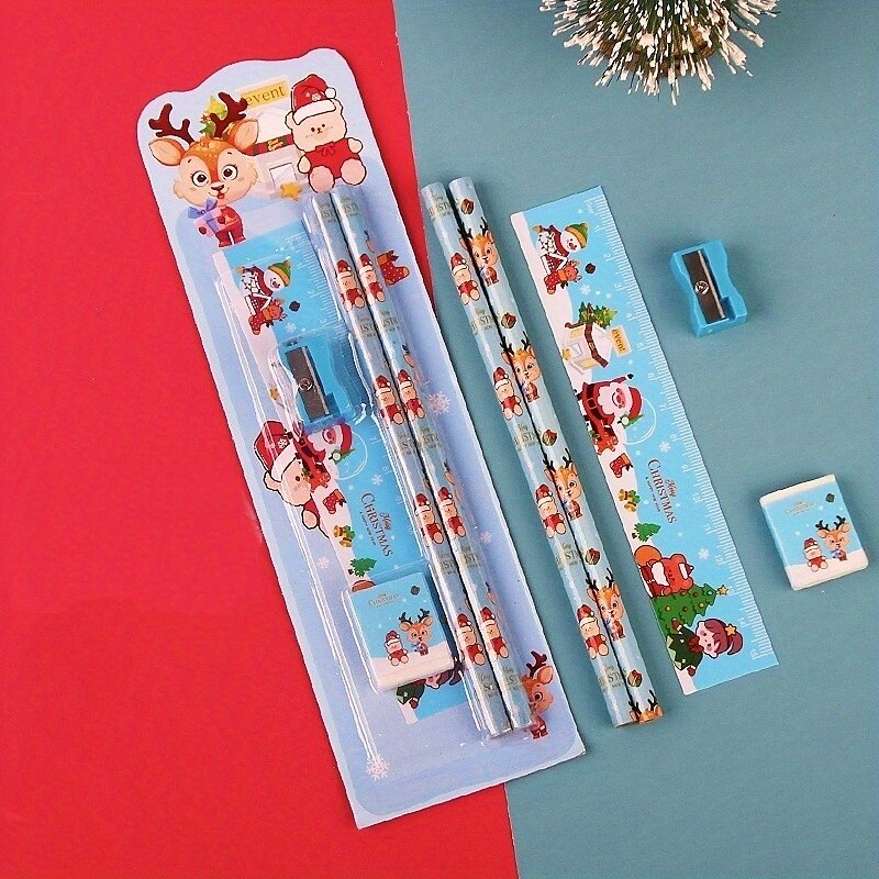 1 ensemble de combinaison de crayons de noël avec 2 crayons, 1 gomme, 1 règle, 1 taille-crayon, fournitures scolaires, cadeau de noël, outils de dessin de croquis de 2025 ? $16.99 –P5