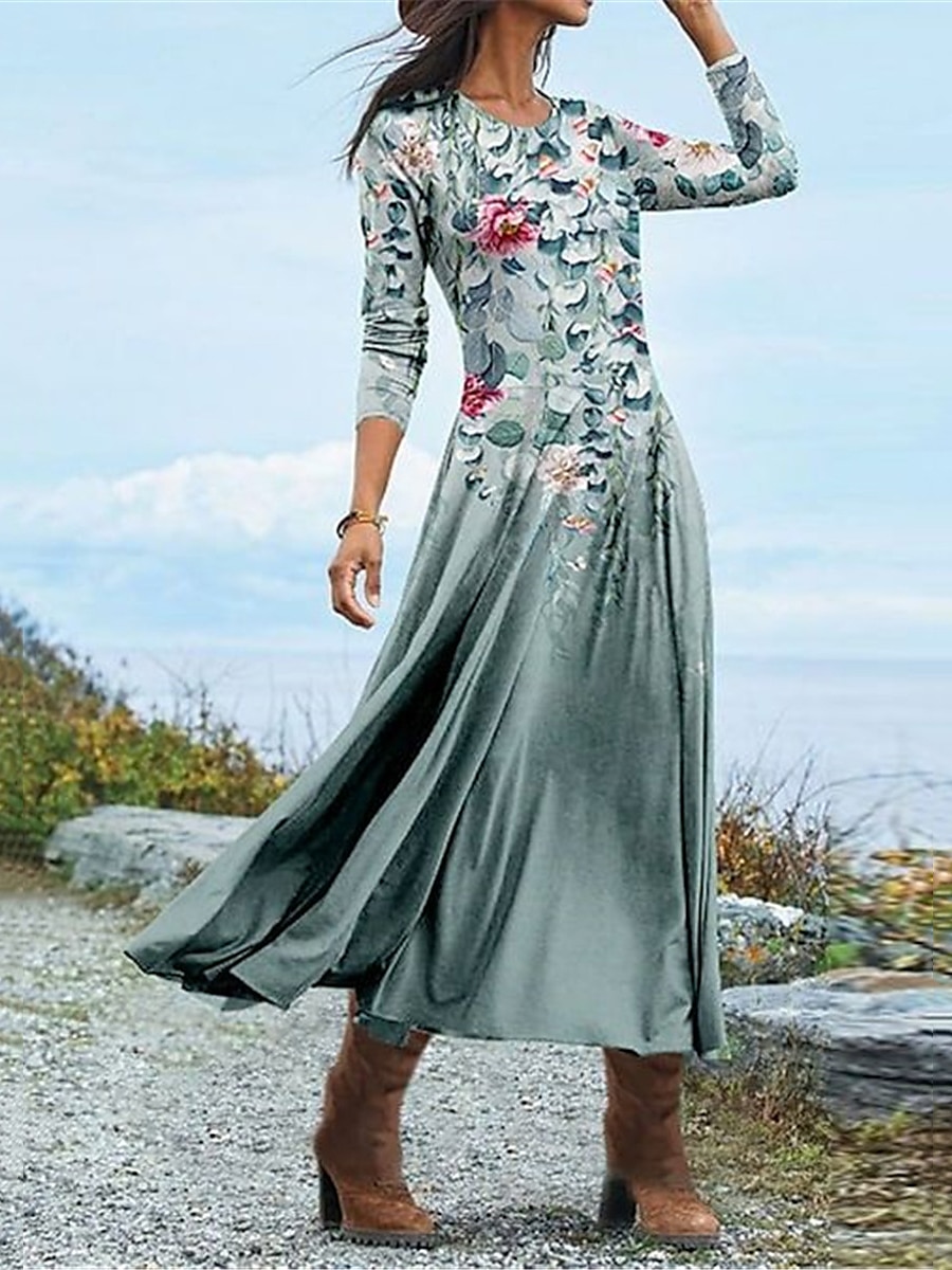 Women's Midi Dress A Line Dress Casual Dress Winter Dress Swing Dress Fashion Streetwear Mature Formal Outdoor Vacation Regular Fit Floral Long Sleeve Crew Neck Blue Green Fall Winter 2025 - $36.99 –P2
