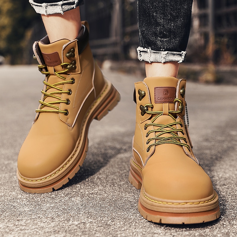 Men's Boots Work Boots Walking Casual Daily Leather Comfortable Booties / Ankle Boots Lace-up Black Yellow Spring Fall 2023 - AED 179.99 –P4