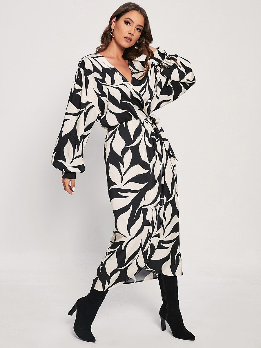 list květinové zavinovací šaty tencel midi šaty černobílý tisk 2025 - $72.99 –P6