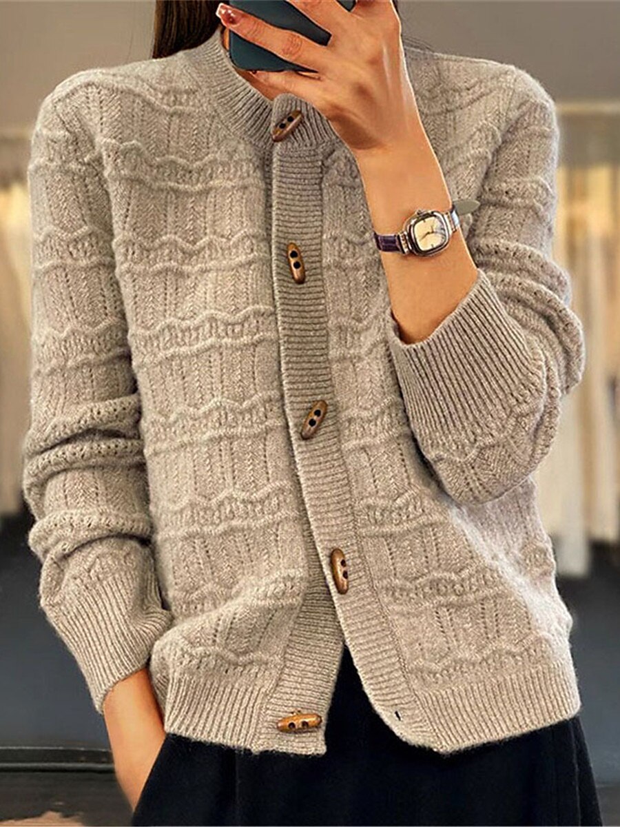 Women's Cardigan Sweater Crew Neck Ribbed Knit Rayon Button Fall Winter Short Daily Going out Weekend Stylish Casual Soft Long Sleeve Solid Color Camel Green Beige One-Size 2023 - US $25.99 –P1
