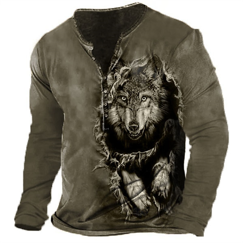 Men's Graphic Wolf Henley Shirt Long Sleeve 3D Print Fashion Daily Casual Casual Holiday Going out Spring & Fall Green Army Green Dark Blue Dark Gray Henley Henley T-Shirt 2025 - GBP £19 –P4