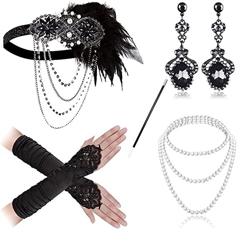 Szüret 1920-as évek A nagy Gatsby Flapper fejpánt Kiegészítő készlet Charleston Esküvői Vendég Toll Női Álarcos mulatság Esküvői fogadás Lánybúcsú Fesztivál Felnőttek Kesztyűk Fejpánt Minden évszak 2025 - $24.54 –P2