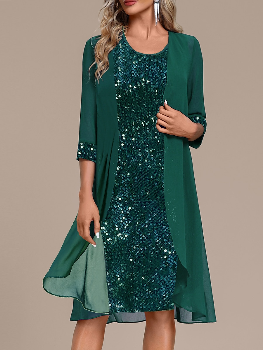 Women‘s Sequin Dress Party Dress Sparkly Dress Two Piece Dress Set Fashion Elegant Patchwork Sequin Midi Dress Crew Neck Long Sleeve Plain Regular Fit Green Fall Winter 2023 - US $34.99 –P4