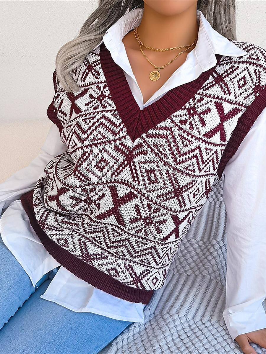 Women's Xmas Sweater Vest V Neck Ribbed Knit Acrylic Button Fall Winter Regular Outdoor Christmas Daily Stylish Casual Soft Sleeveless Snowflake Wine Blue Khaki S M L 2023 - US $27.99 –P6