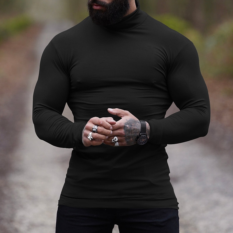 Herren T Shirt T-Shirt Langarmshirt Langarm Rollkragen Frühling & Herbst Einfach Mode Designer Basic Urlaub Straße Ausgehen Wein Aprikose Dunkelgrau Top T-Shirt für Herren 2025 - $23.99 –P8