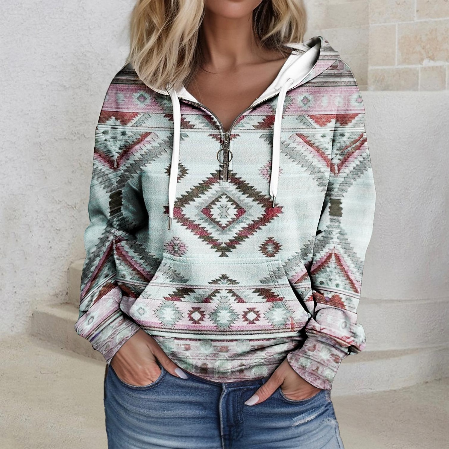 Women's Quarter Zipper Sweater Hoodie Hoodie Pullover Tribal Casual Sports Drawstring Front Pocket Quarter Active Ethnic Hoodie Long Sleeve Top  Comfrt Breathable Soft Fabric 2025 - $22.99 –P3