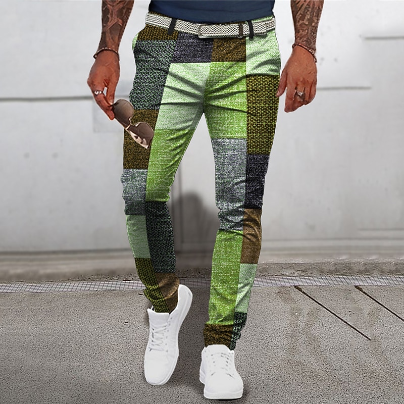 Rutig Geometri Affär Herr 3D-utskrift Byxor Utomhus Gata Klä till Jobbet Polyester Gul Blå Grön S M L Medium Midja Elasticitet Byxor 2025 - $29.99 –P3