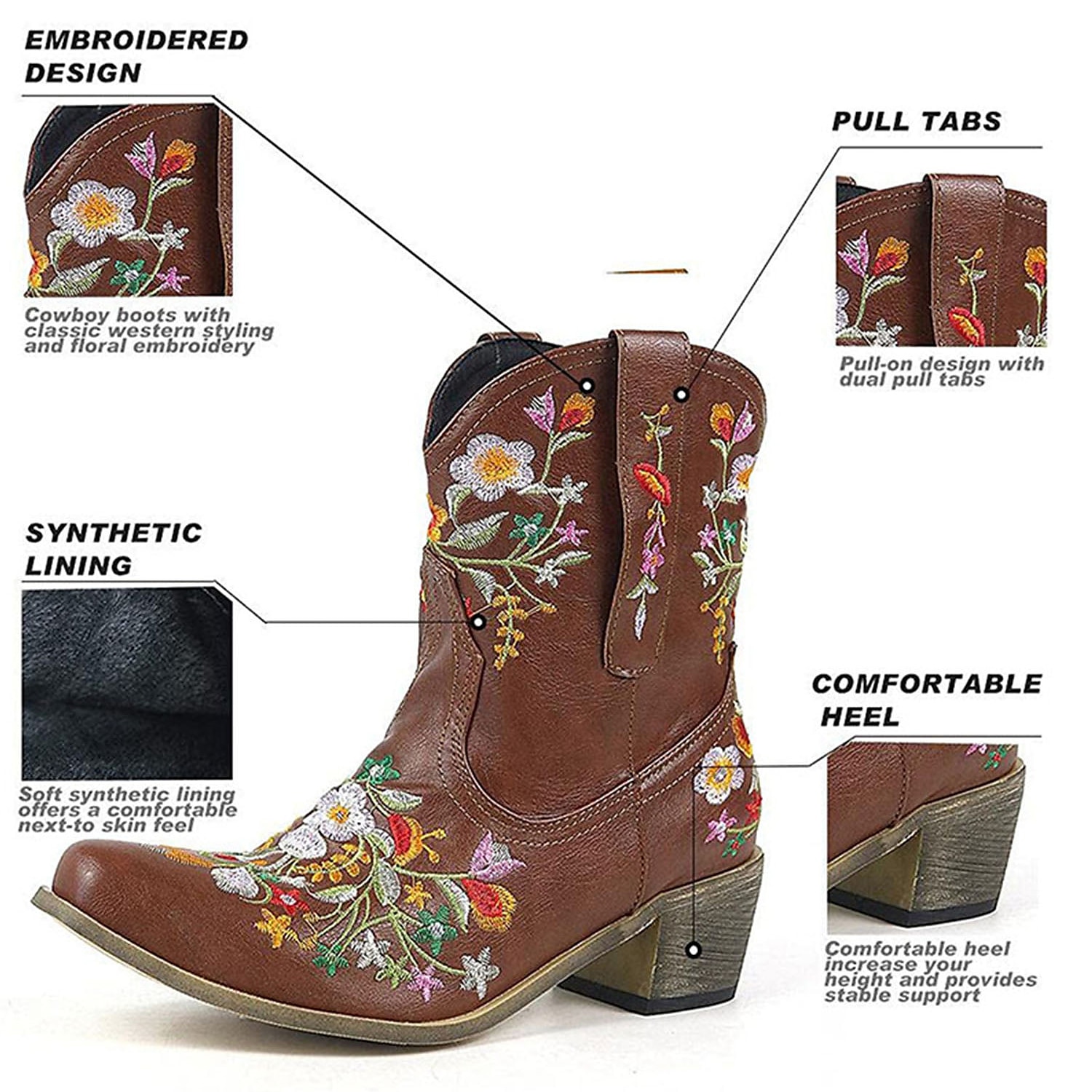 Women's Vintage Western Cowboy Boots – Floral Embroidered Faux Leather Ankle Boots for Casual and Festival Wear 2025 - $64.99 –P3