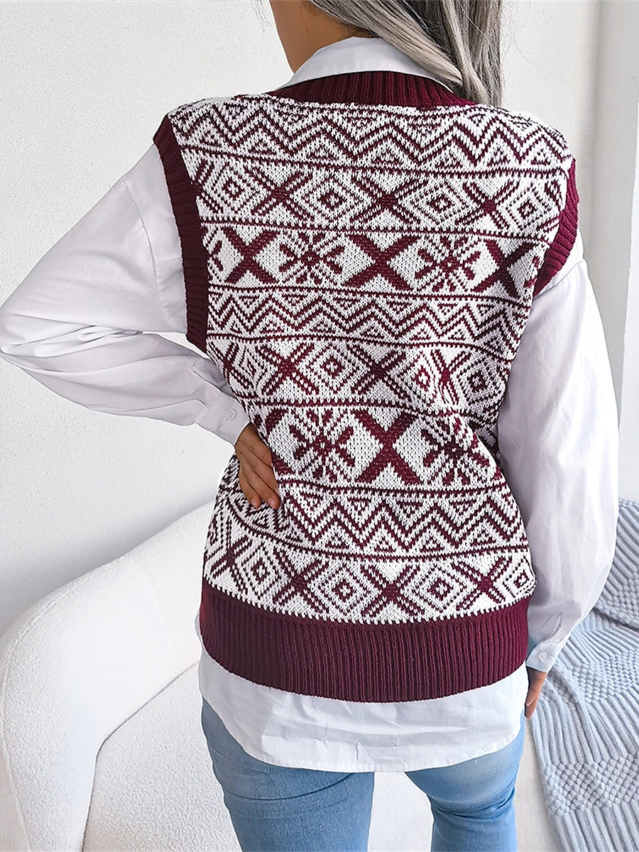 Women's Xmas Sweater Vest V Neck Ribbed Knit Acrylic Button Fall Winter Regular Outdoor Christmas Daily Stylish Casual Soft Sleeveless Snowflake Wine Blue Khaki S M L 2023 - US $27.99 –P7
