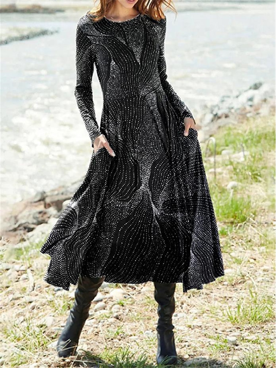 Per donna Vestito longuette Abito casual Vestito invernale Abito etnico Vestito svasato Vintage Etnico Tribale Formale Esterno Da mare Standard Ambra Floreale Tribale Manica lunga Girocollo Nero del 2025 a $36.99 –P2