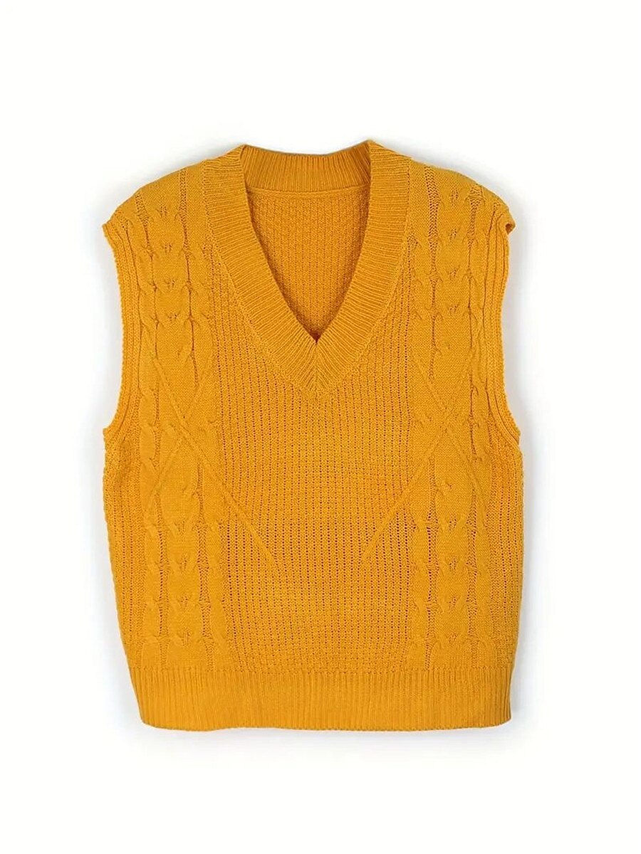 Women's Sweater Vest V Neck Cable Knit Acrylic Oversized Fall Winter Regular Daily Going out Weekend Stylish Casual Soft Sleeveless Solid Color Black Yellow Beige S M L 2023 - US $26.99 –P6