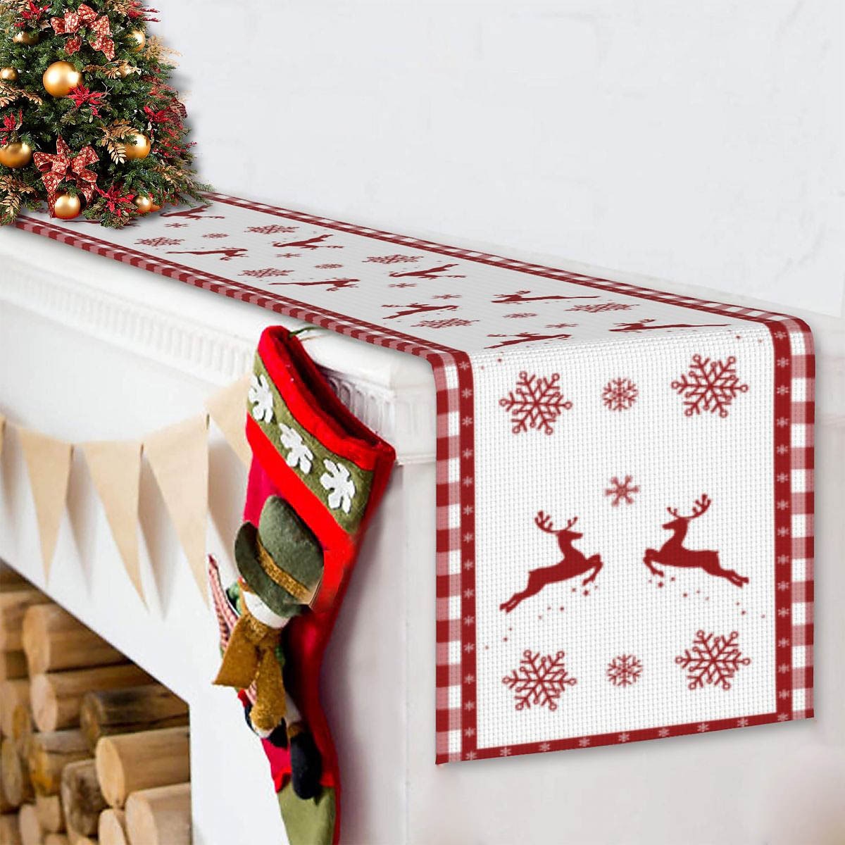 corredor de mesa vermelho, decoração de mesa sazonal em estilo fazenda de férias de inverno de 2025 por $2.49 –P20