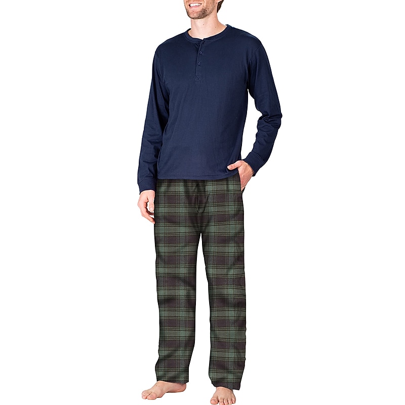 Per uomo loungewear Pigiami Set pigiama Top e pantalone del pigiama 2 pezzi A quadri Moda Informale Comoda Interni Giornaliero Misto cotone Comfort Henley Manica lunga maglietta Pantalone A del 2025 a $34.99 –P13