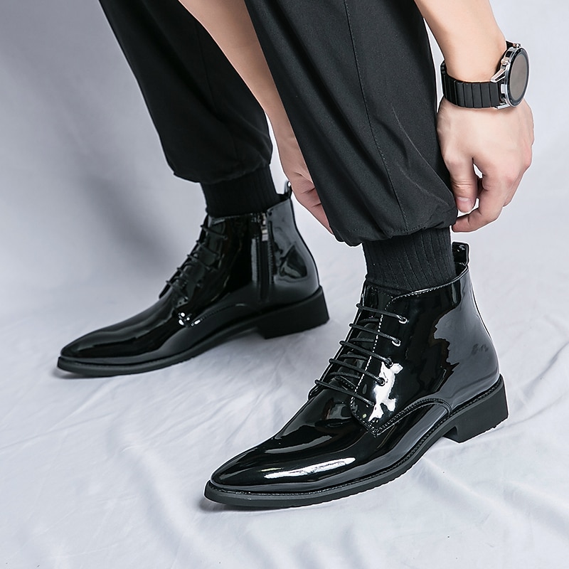 Botas de vestir de charol negro para hombre: elegantes botas con cordones, para uso formal e informal, perfectas para eventos y trabajo. 2025 - $59.99 –P8