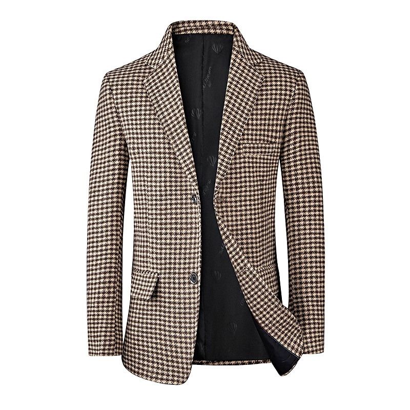 Men's Cocktail Attire Blazer Business Formal Evening Wedding Party Fashion Casual Spring &  Fall Polyester Plaid / Check Geometic Button Pocket Casual / Daily Single Breasted Blazer White Camel Beige 2025 - $66.99 –P5