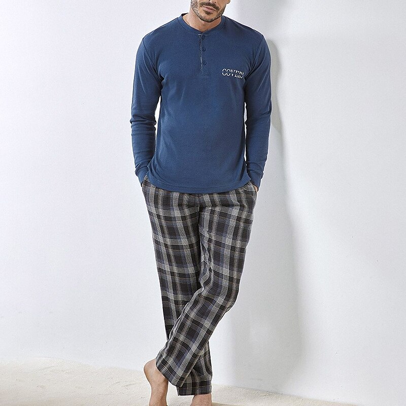 Homens Loungewear Roupa de Dormir Conjunto de Pijama Top e calça de pijama 2 Peças Xadrez à moda Casual Conforto Casa Diário Misto de Algodão Conforto Henley Manga Longa Camiseta Calça Com Cordão de 2025 por $34.99 –P2