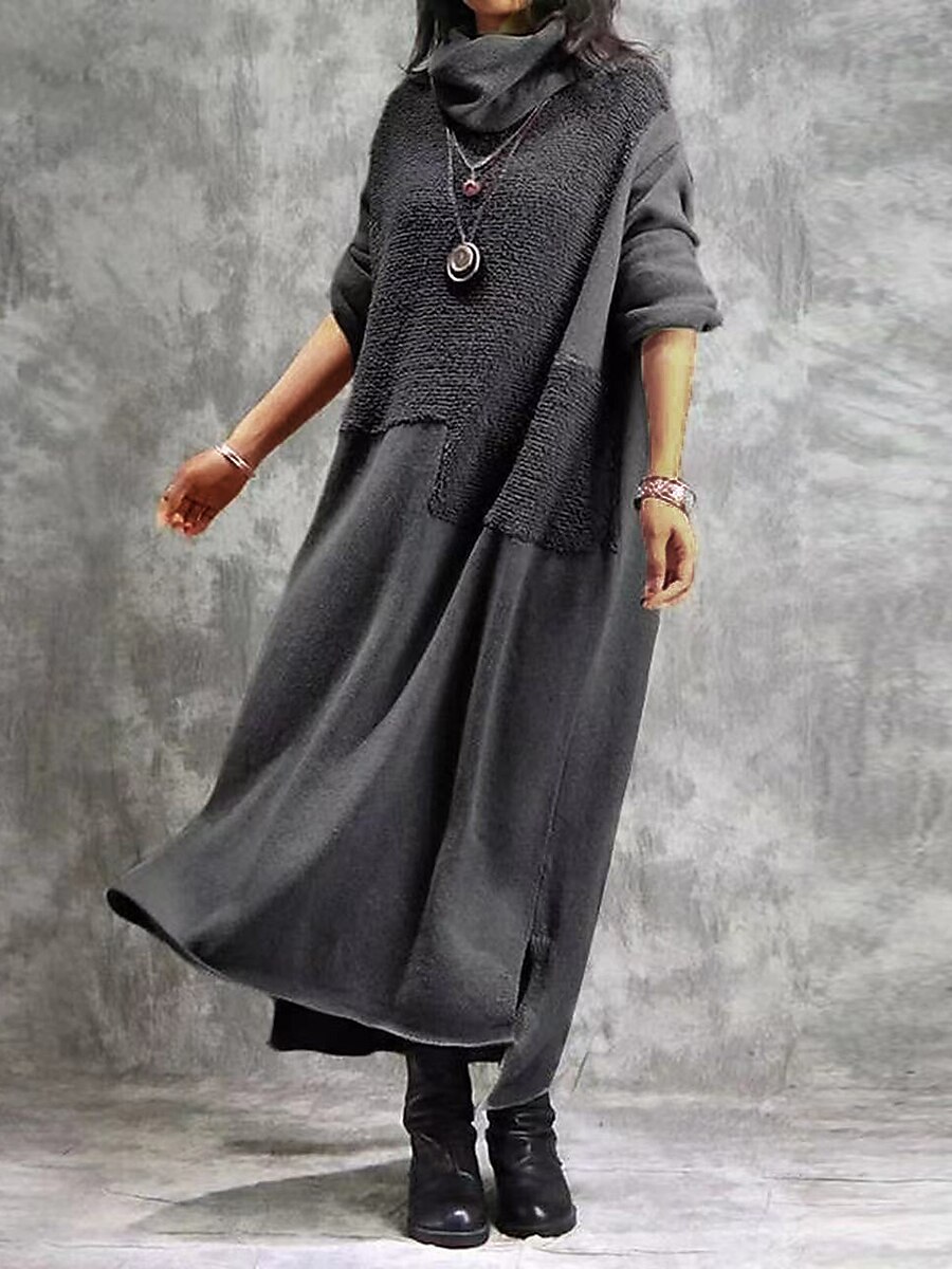 Robe casual Robe d'hiver Robe en coton et lin Femme robe longue Patchwork Fendu Extérieur du quotidien Sortie Actif Mode Col Roulé manche longue 2023 Ample Noir Gris M L XL XXL de 2025 ? $38.99 –P1