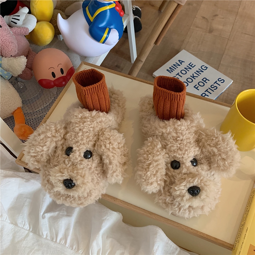 pantufas de lã com cara de cachorro fofas para mulheres – sapatos quentes e aconchegantes para ambientes internos com design de cachorrinho de pelúcia de 2025 por $18.99 -P3