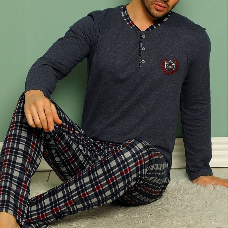 Per uomo loungewear Pigiami Set pigiama Top e pantalone del pigiama 2 pezzi A quadri Moda Informale Comoda Interni Giornaliero Misto cotone Comfort Henley Manica lunga maglietta Pantalone A del 2026 a $36.99 –P2