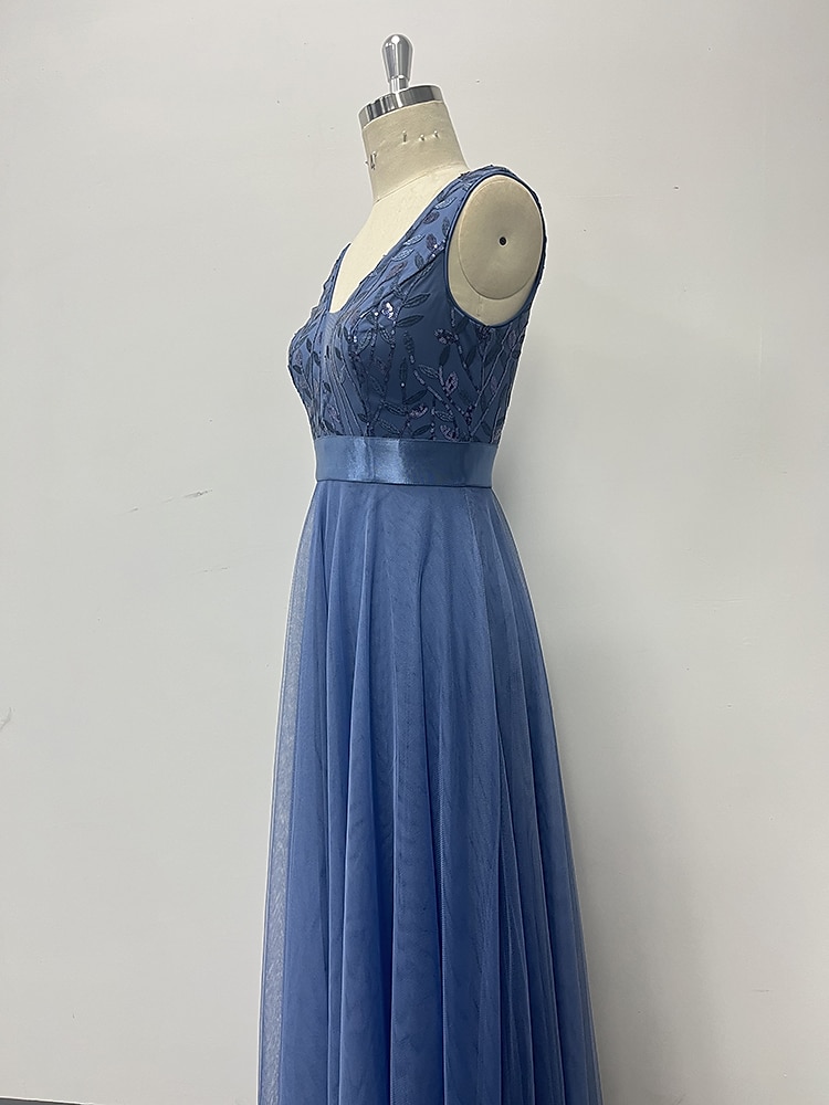 A-Linie Abendkleid Elegant Kleid Abendgesellschaft Abschlussball Bodenlang Ärmellos V Ausschnitt Gürtel / Schärpe Tüll V-Ausschnitt mit Glitzer Stickerei 2025 2025 - $56.99 –P5