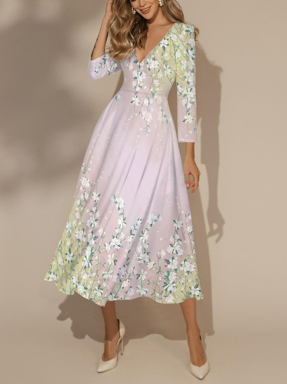 Women's Maxi Dress Swing Dress Semi Formal Dress Floral Dress Print Dress Fashion Streetwear Modern Formal Outdoor Vacation Regular Fit Floral 3/4 Length Sleeve V Neck Yellow Pink Blue 2025 - $36.99 –P3