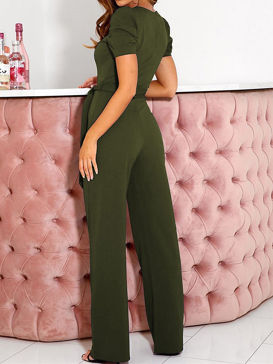 combinaison femme lacets perles couleur unie col v élégant bureau coupe régulière manches courtes noir armée vert rouge s m l automne de 2025 ? $27.99 –P6