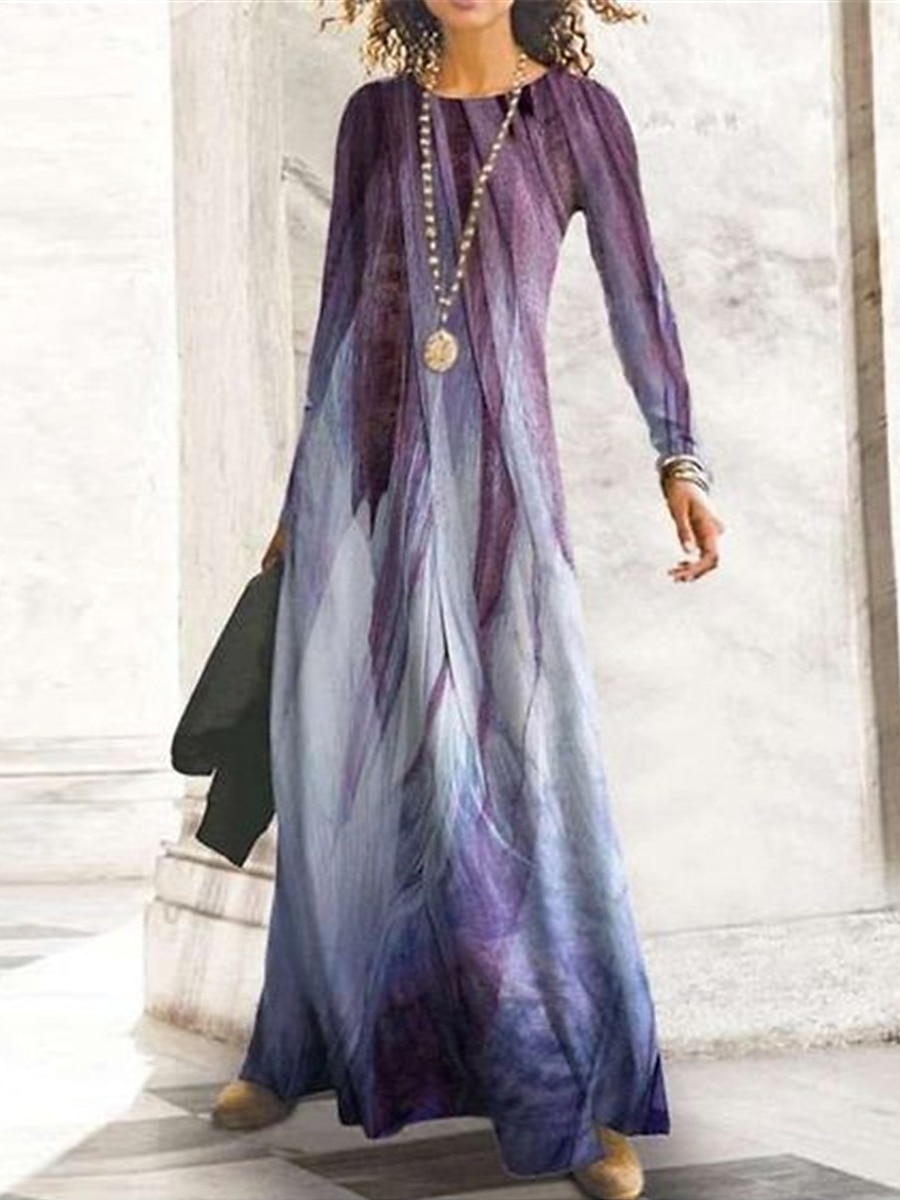 Damen Maxi Kleid Winter Kleid Shift Kleid A-Linien Kleid Mode Modern Reif Outdoor Täglich Date Reguläre Passform Ombre Langarm Rundhalsausschnitt Gelb Blau Lila Khaki Herbst Winter 2025 - $36.99 –P2